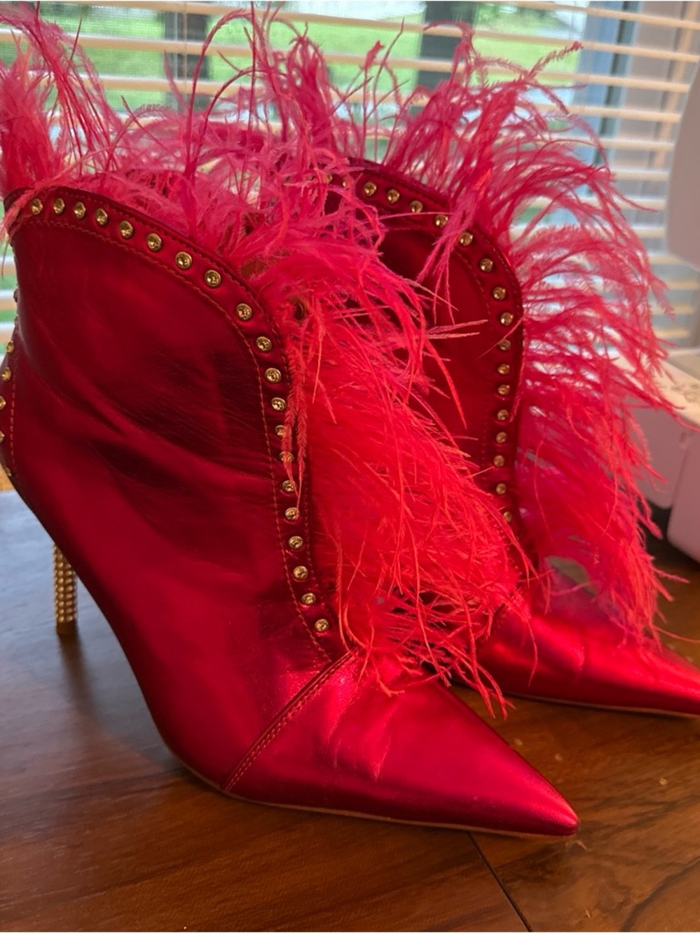 Women's Pink Feather-Trim High-Heel Ankle Boots